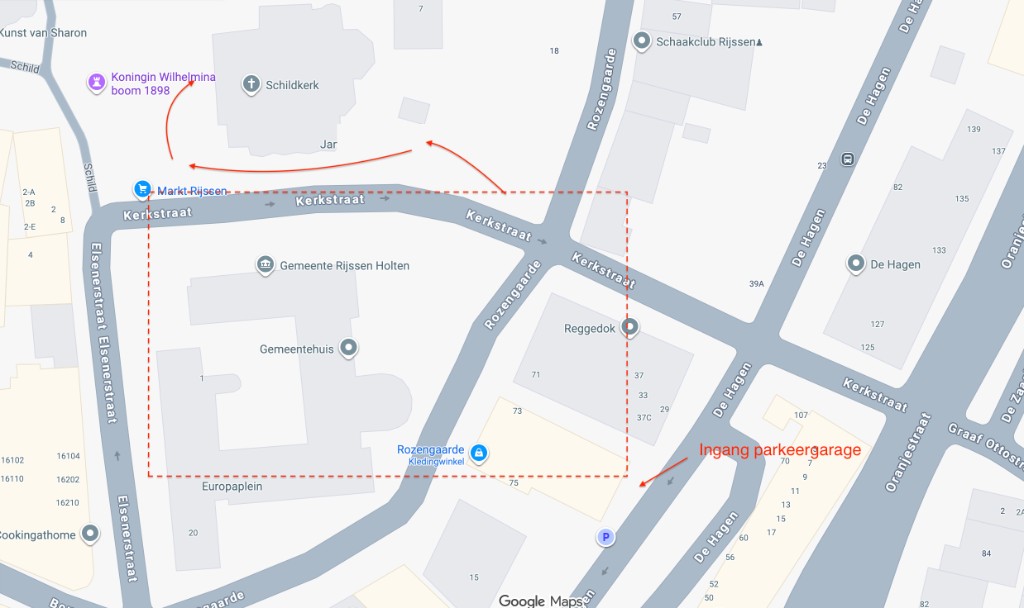 Kaart van parkeergarage De Hagen, de ingang en de looproute naar de Schildkerk