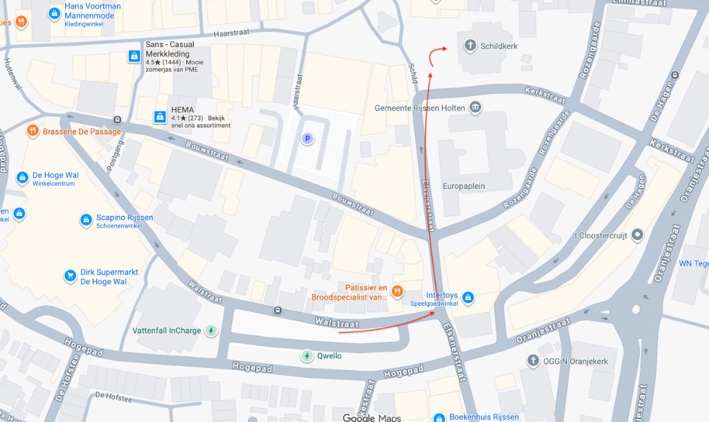 Kaart van parkeerterrein Hogepad en de looproute naar de Schildkerk