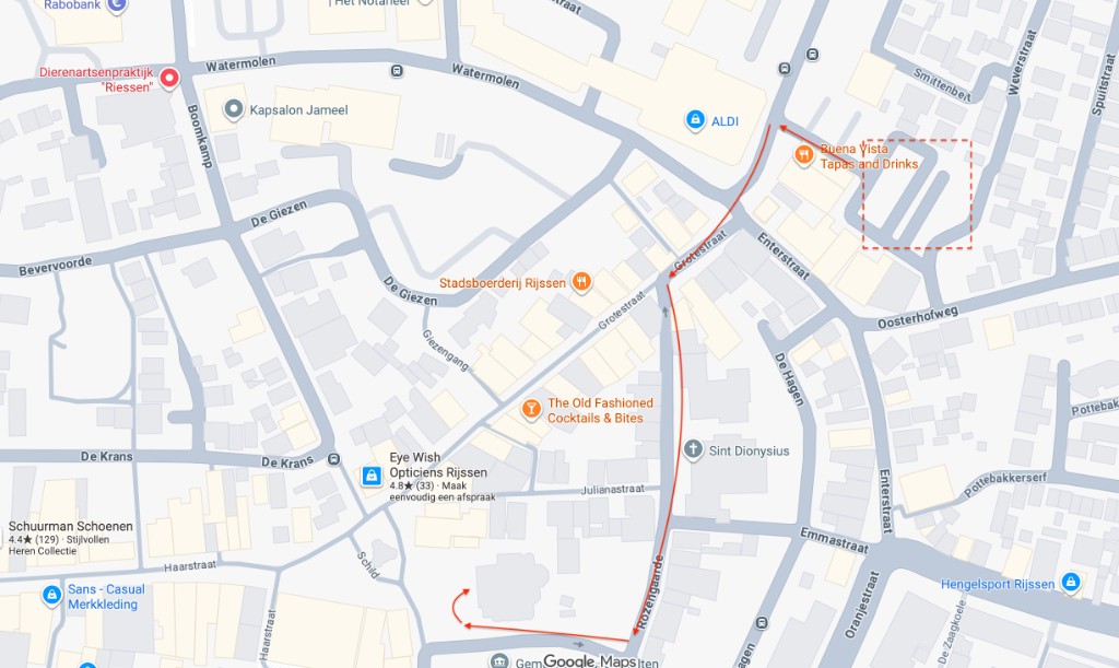 Kaart van Oude Veemarkt 13 Parking en de looproute naar de Schildkerk